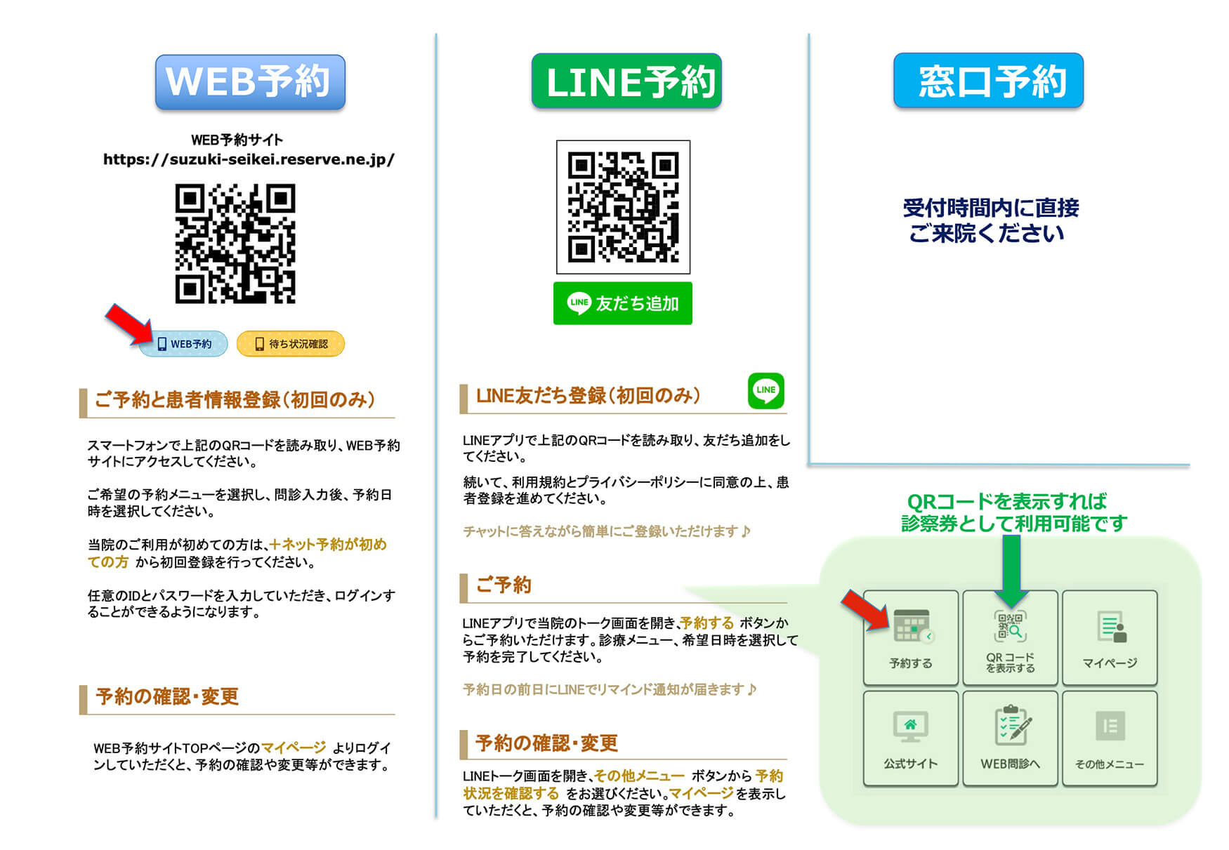 WEB予約、LINE予約、窓口予約